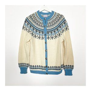 O. Allers A Bergen Norway Cardigan Sz S / M Handknitted Wool White Blue Vintage